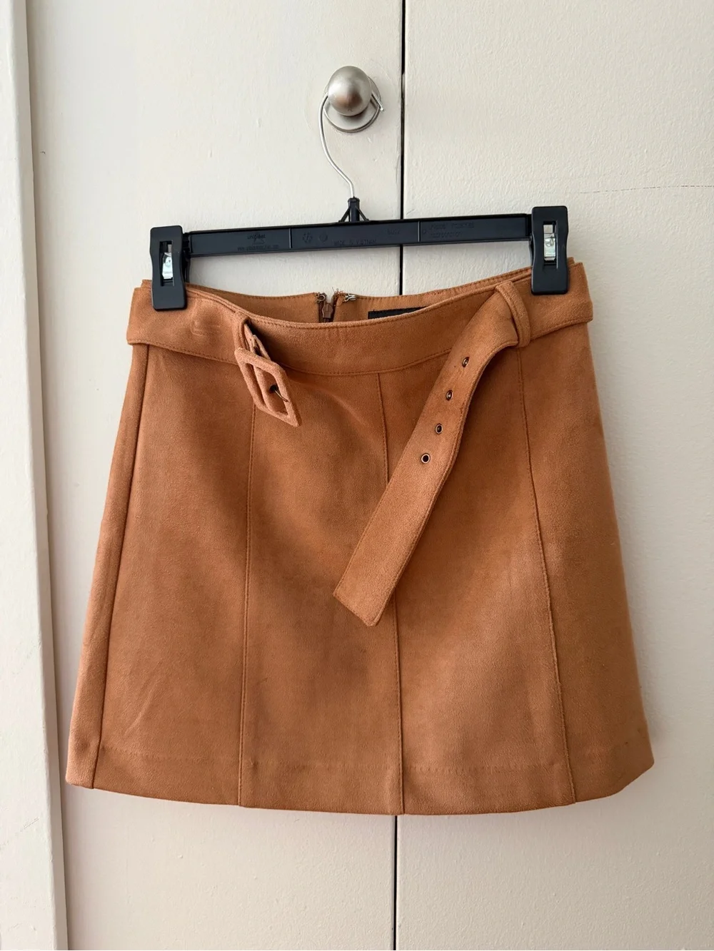Suede-Look A-Line Mini Skirt with Self-Tie Belt in Camel (Korean brand)